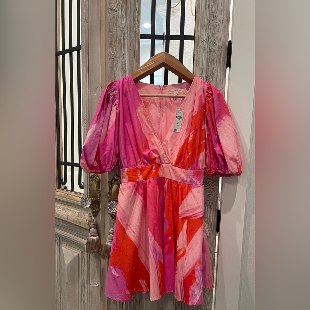 Hutch-Anthropologie Pink and Red Puff Sleeve Mini Dress